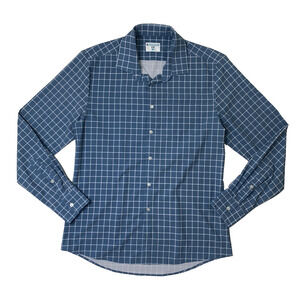 &Collar Shirt Mens XL Smokey Blue White Slim Fit Performance Windowpane Stretch